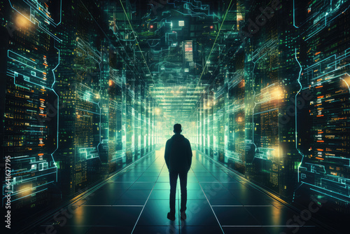 man in a glowing digital corridor, the concept of virtual reality, cyberspace