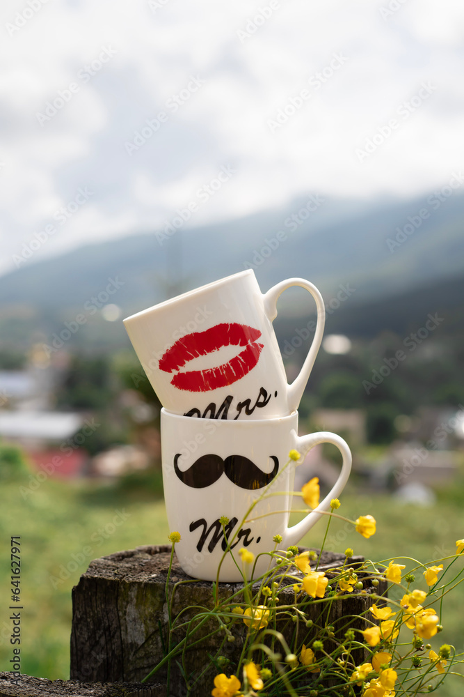 Obraz premium Two Mr. and Mrs. cups on the background of a magical mountain landscape and flowers nearby