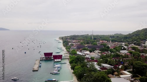 Aerial view of Gili Trawangan, West Nusa Tenggara. Panoramic showcasing architecture, coastal, boats, beach, and natural beauty.