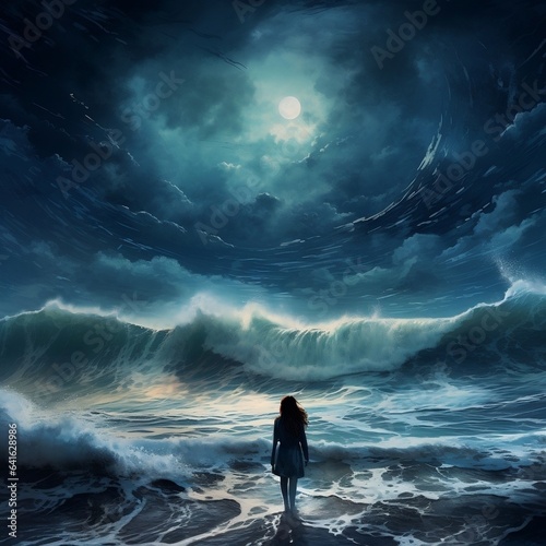 illustration painting of woman standing before the big wave on the sea looking at the storm sky  digital illustration