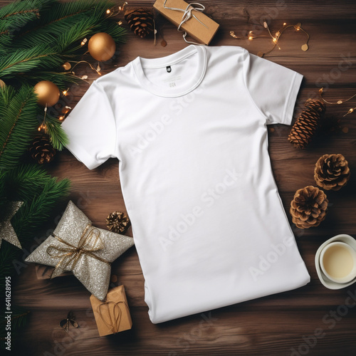 Blank white t-shirt lying in a sleeping position on a wooden table, beside it are several Christmas stuff
