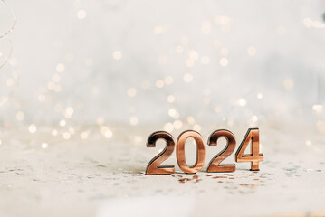 happy new year 2024 background new year holidays card with bright lights,gifts and bottle of hampagne