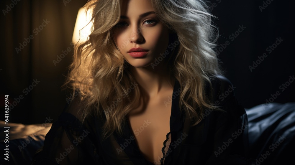 Portrait of a beautiful young sexy blonde woman in a black pajamas.