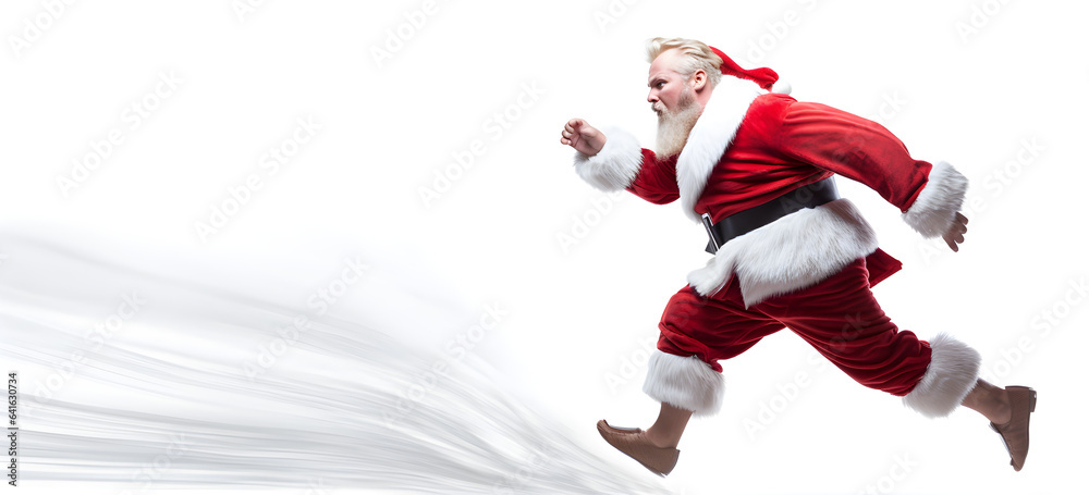 Running santa claus with a bag of gifts white background Generative ai 