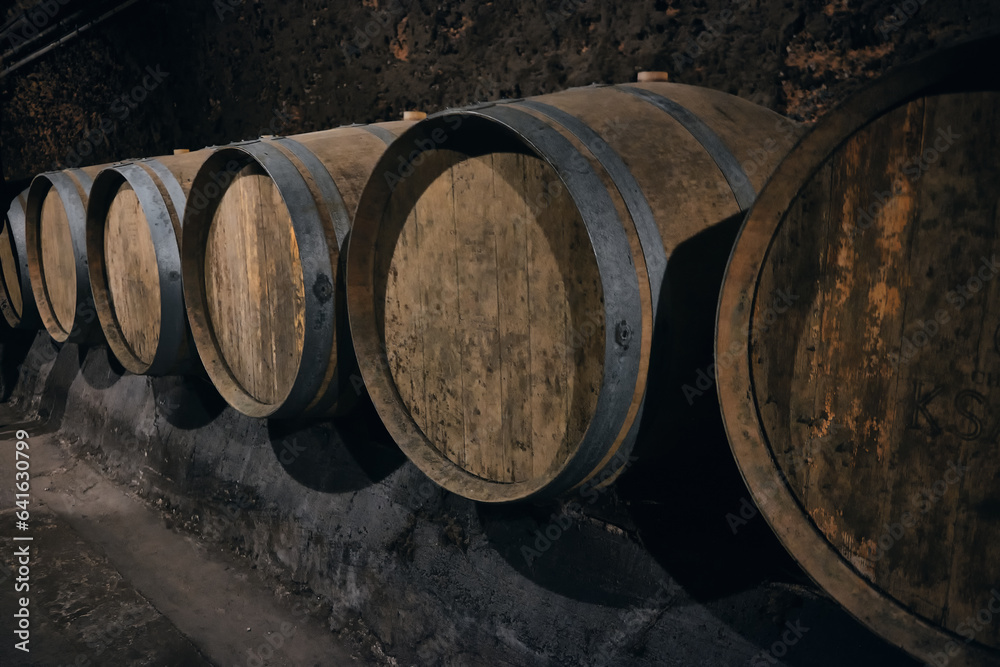 Row of wooden barrels bound with iron hoops in a bodega. Wine barrels made of oak at dark wine cellar. Wine cave at Beqaa valley, Lebanon Row of wooden barrels bound with iron hoops in a bodega. Wine barrels made of oak at dark wine cellar. Wine cave at Beqaa valley, Lebanon