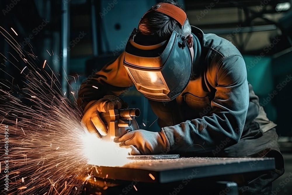 Industrial worker wearing protective clothing and mask welding metal in factory Industrial worker wearing protective clothing and mask welding metal in factory