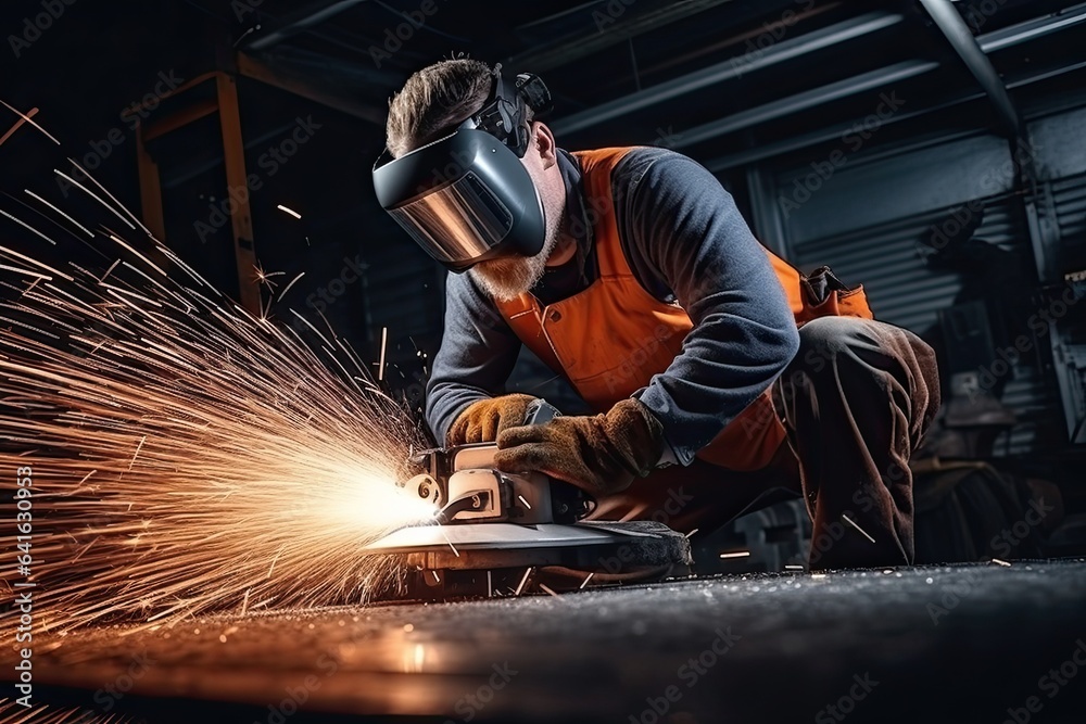 Industrial worker wearing protective clothing and mask welding metal in factory
