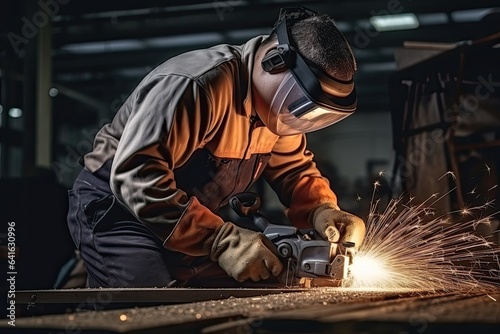 Industrial worker wearing protective clothing and mask welding metal in factory