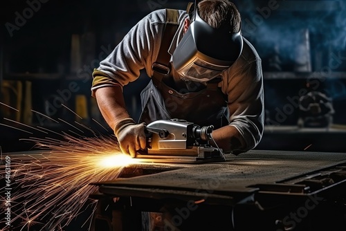 Industrial worker wearing protective clothing and mask welding metal in factory