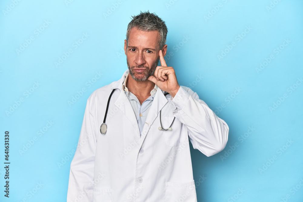 Caucasian middle-aged doctor on blue background pointing temple with finger, thinking, focused on a task. Caucasian middle-aged doctor on blue background pointing temple with finger, thinking, focused on a task.