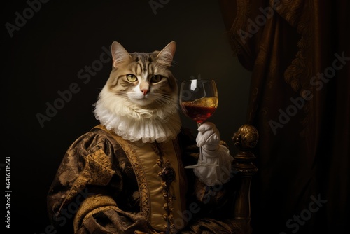 A funny portrait of a cat with wine as a historical royal portrait. Pets drinking alcohol wine. Funny weird-core aesthetics