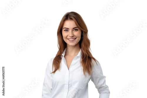 isolated png portrait of smiling young woman in white shirt