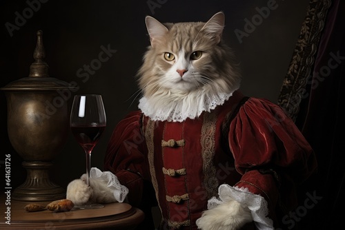 A funny portrait of a cat with wine as a historical royal portrait. Pets drinking alcohol wine. Funny weird-core aesthetics