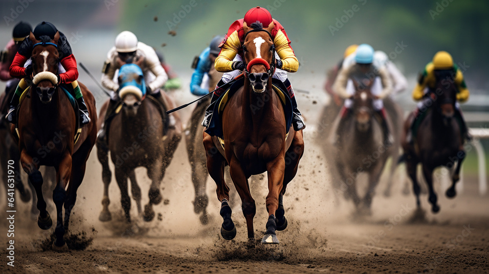 Horse racing with jockeys on their horses Horse racing with jockeys on their horses
