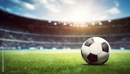 Football soccer ball on grass field at stadium