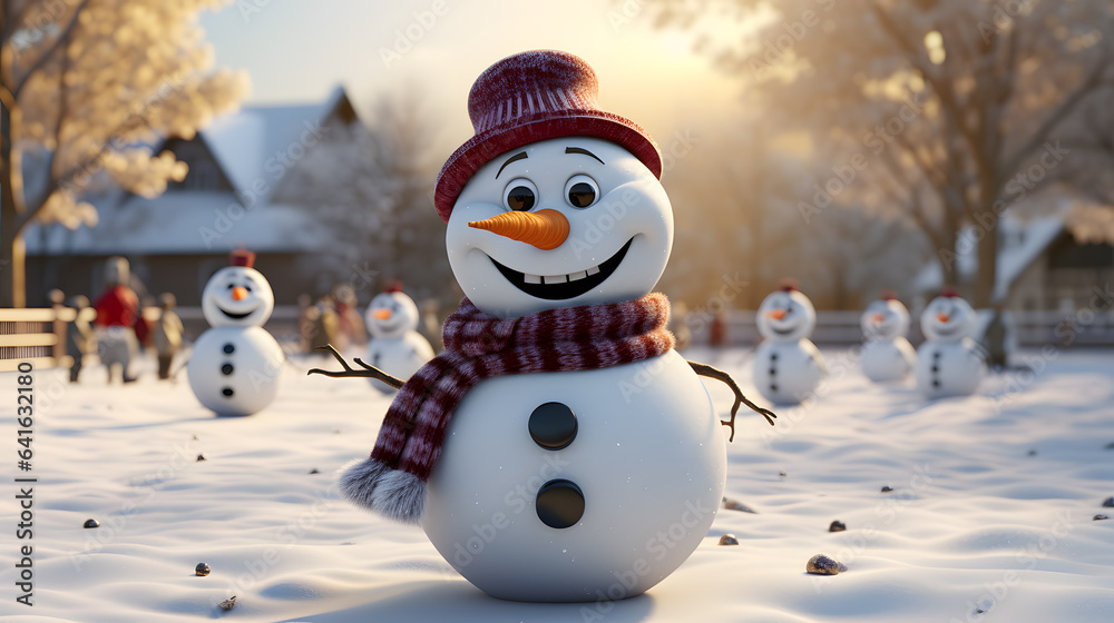 3d render of cute snowman in winter forest with snowflakes