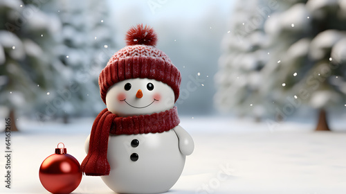 3d render of cute snowman in winter forest with snowflakes © wcirco