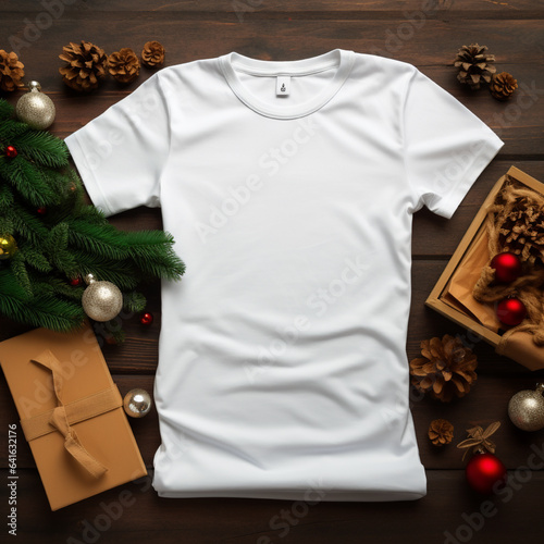Blank white t-shirt lying in a sleeping position on a wooden table, beside it are several Christmas stuff