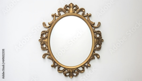 Golden antique mirror against a white wall background texture