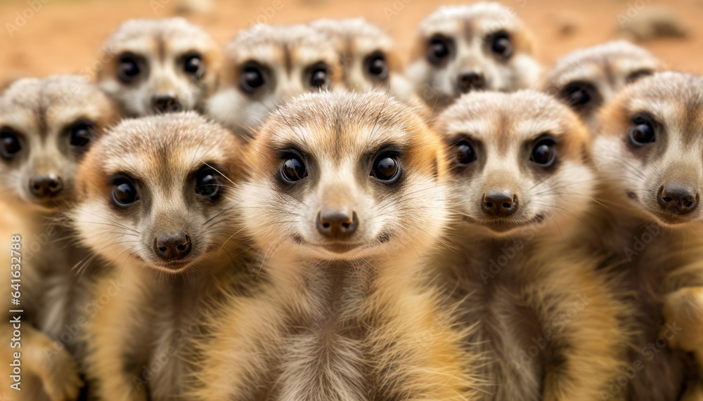 Fototapeta premium Group of Meerkats Standing Upright and Looking Attentively