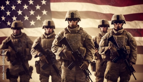 Group of US Army Soldiers Over US Flag Background