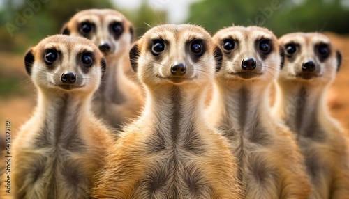 Fotografie, Obraz Group of Meerkats Standing Upright and Looking Attentively