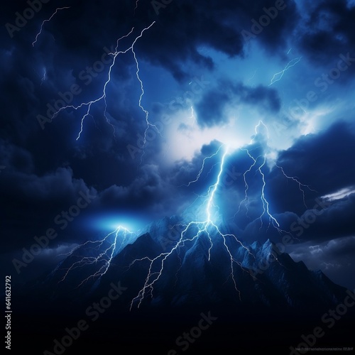 Dark dramatic stormy night sky with lightning bolts. Night mountain landscape. Flashes of light from thunder and lightning. 3D illustration