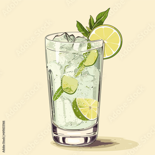 Classic alcoholic cocktail gin and tonic in glass. Refreshing drink with lime orange and ice. Vector