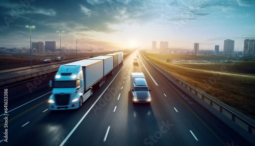 Highway Scene with Cargo Trucks Transporting Goods Emphasis