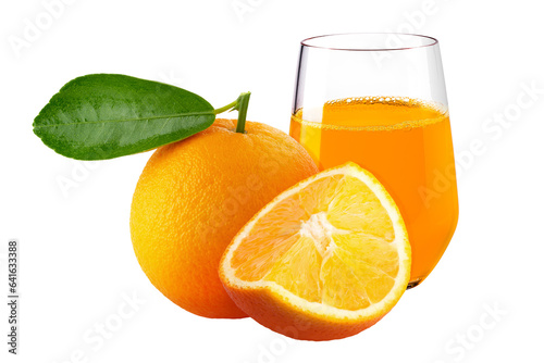 Fresh Orange fruit and a glass of Orange juice isolated on a transparent background.