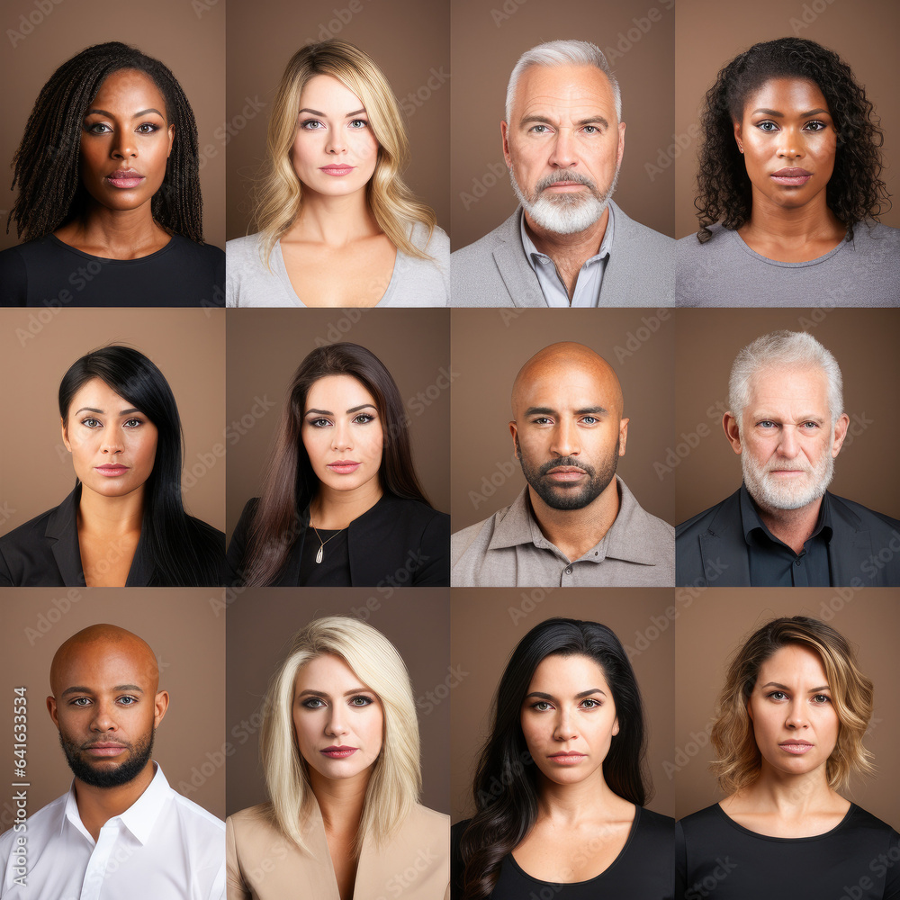 Photo collage portrait of multiracial serious people with different ages looking at camera. Mosaic of professional modern faces.  - obrazy, fototapety, plakaty 