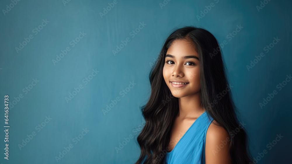 Indian teen girl, black hair, blue background Indian teen girl, black hair, blue background