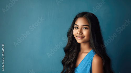 Indian teen girl, black hair, blue background