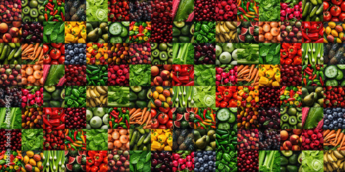 Panorama of many fresh fruits and vegetables as a raw food concept