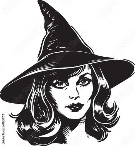 Vintage witch head, Woman in a witch hat, Vector illustration, SVG