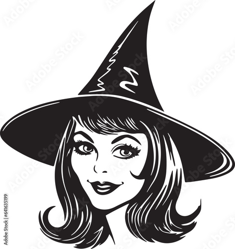 Vintage witch head, Woman in a witch hat, Vector illustration, SVG © Dmytro