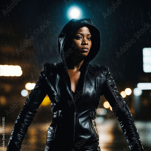 photo of strong african woman with black leather suit in heavy rain night  generative AI