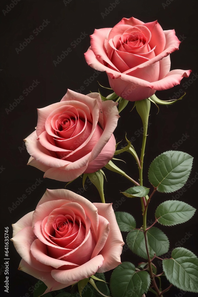 Fototapeta premium Beautiful pink roses on a black background, close-up.