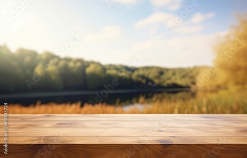 Empty wooden table, blurred field and clouds background, Generative AI