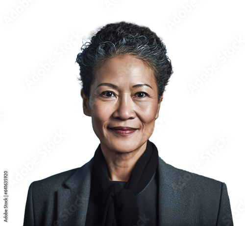 Portret azjatyckiej kobiety, aktywna, pewna siebie bizneswoman, siwe włosy, uśmiechnięta.