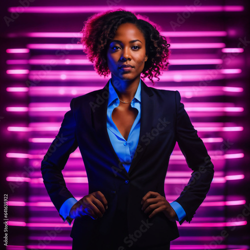 photo of smart african woman with business suit at neon mxied red and blue light sci fi background, generative AI