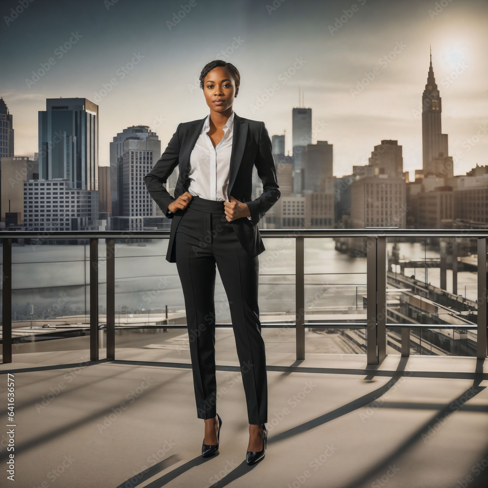 photo of smart african woman with black business suit at big modern city, generative AI photo of smart african woman with black business suit at big modern city, generative AI