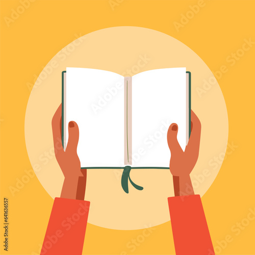 Character Human hands holds open book. Student with textbook. Read books lover. Education, literacy day. Back to school. Bookstore, library flat vector illustration