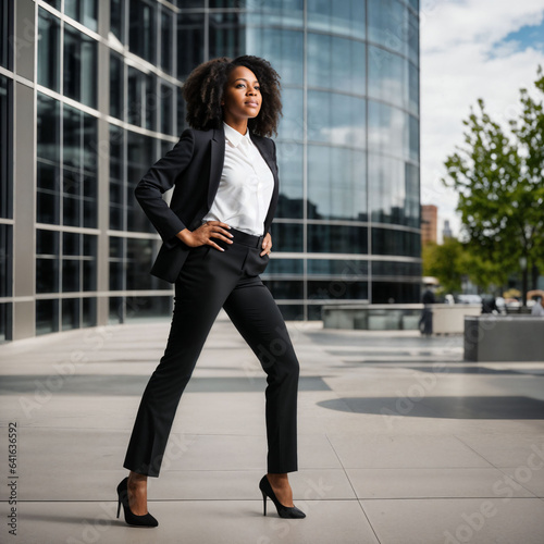 photo of smart african woman with black business suit at big modern city, generative AI © Flash