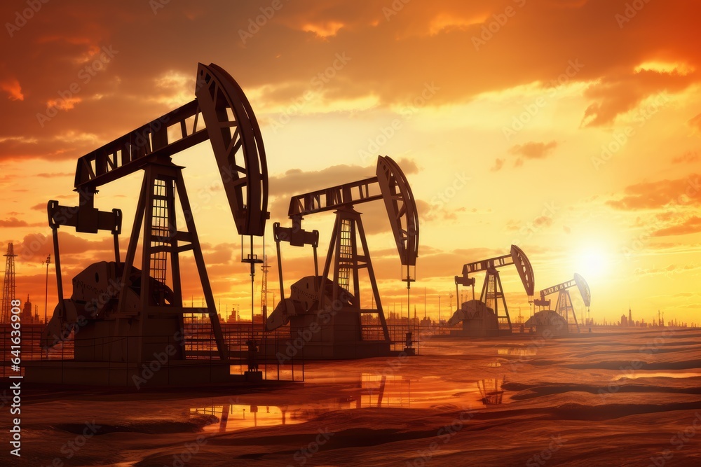 Oil pump on a sunset background, oil drilling 
