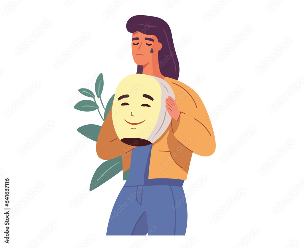 Obraz premium Bipolar disorder and duality, psychology concept. Female person with split dual personality. Woman with happy and sad masks. Flat vector illustration isolated on white background.