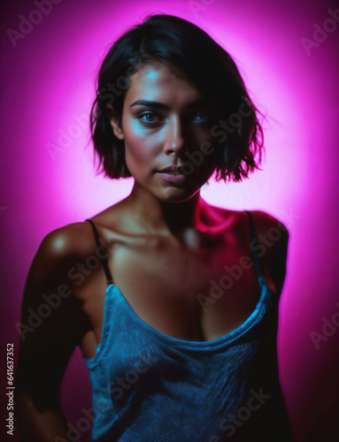 photo of beautiful woman with short hair and mixed pink neon light, generative AI © Flash