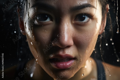 Extreme close-up of an asian woman with sweat on the face. Studio lightning, female professional sport person. photo