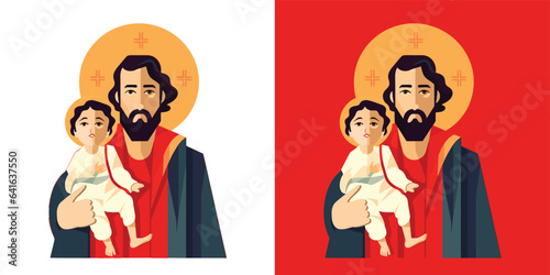 Saint Joseph St. Joseph with Jesus Christ, the Patron Saint of the Catholic Church. Flat Vector Illustration. photo