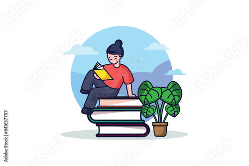 Concept Girl is reading with people scene in the flat cartoon style. Design illustration, capturing a charming scene of a girl immersed in reading with playful characters. Vector illustration.